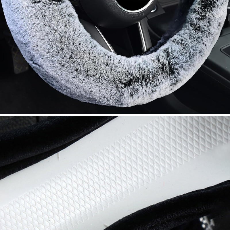 KAFEEK Frost Fluffy Microfiber Plush Steering Wheel Cover for Winter Warm, Universal 15 inch Soft Fuzzy Steering Wheel Cover,Cool Black - Image 4